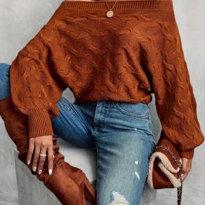 Autumnu002FWinter Off-Shoulder Batwing Sleeve Textured Knitwear, Casual Elegant Women's Pullover for Party Wear