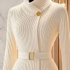 Elegant, High Neck Sweater Elegant, Sophisticated Women’s High Neck Sweater – Chic Belted Waist, Stretch Sweater for Formal Events, Office & Everyday – Machine Washable Winter Sweater Coat in Elegant Whiteu002FNeutral Tones, Autumn Fashion, Ribbed Texture, Professional Women