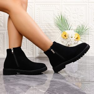070-2 Black Double Zipper Ankle Boots for Women - Non-Slip Rubber Sole, All-Season Versatile Casual & Formal Shoes, Fabric Upper, Durable Low Heel, Round Toe, Perfect for Office, Parties, and Everyday Use, Party Footwear, Retro Style, Comfortable Fit, Stylish Women'S Footwear, Office Footwear, Versatile Footwear, Durable Construction, Fashion Lovers