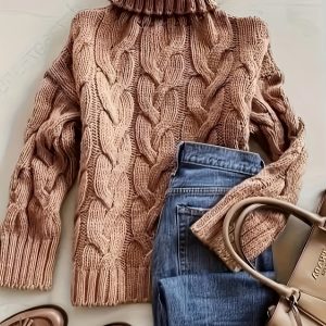 Vintage High-Neck Sweater for Women, Loose-Fit Lazy Style Elegant Cable Top for Autumn and Winter