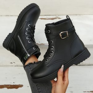 Women's Lace-Up Boots - Glossy Black Synthetic Cover, All-Season ankle boots with, Cushioned TPR Sole for Everyday, Formal, Outdoor - Slip-Resistant & Easy-Clean Ladies Boots, Sleek Boot Design, Casual Footwear, Stylish Footwear, Comfortable Lining, Urban Style