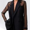 Women’s Solid Black Double-Breasted Suit Jacket, Long Sleeve with Sheer Mesh Sleeves for Office to Evening Wear, Machine Washable, Non-Sheer Fabric, Formal Attire, Classic Style, Durable Structure, Fashionable Blazer for Professionals W0131 – BK0620049