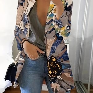 Floral Print Polyester Blazer 1pc Floral Print Polyester Blazer - Long Sleeve, H-Cut, Regular Length, Asymmetric Detail, No Belt, Open Front, All Seasons