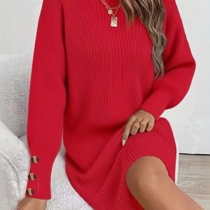 Women's Dark Green (Navyu002FTurquoise-Free) Sweater Dress - High Neck Collar & Single-Breasted Button Front, A-Line Silhouette Long Sleeve Coat Dress for Winter,, Office, Semi-Formal Wear (Hand Washable)