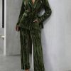 2pcs Women’S Dark Green Velvet-Like Texture Suit Set – Vintage-Inspired Wide-Leg Pants & Jacket with Structured Lapel Collar, Button Front Closure & Tailored Fit for Autumnu002FWinter Commuting, Formal Events & Professional Attire – Elegant Office to Se