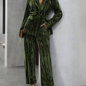 2pcs Women'S Dark Green Velvet-Like Texture Suit Set - Vintage-Inspired Wide-Leg Pants & Jacket with Structured Lapel Collar, Button Front Closure & Tailored Fit for Autumnu002FWinter Commuting, Formal Events & Professional Attire - Elegant Office to Se
