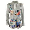 Plaid & Graffiti Print Button Front Blazer, Casual Lapel Long Sleeve Blazer, Women’s Clothing