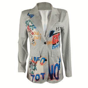 Plaid & Graffiti Print Button Front Blazer, Casual Lapel Long Sleeve Blazer, Women's Clothing