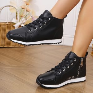 Women'S Classic Black High-Top Ankle Boots - Comfortable, Stylish British Design with Zipper Detail, Round Toe, Durable Breathable Fabric Lining, TPR Sole, All-Season Casual Footwear