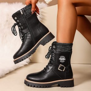 071-18 Black PU Women's Ankle Boots, Suitable for 11 Festive Occasions, Lace-Up Round Toe Casual Sneakers with Synthetic Cover Upper and Fabric Lining, All-Season Wear, Fashionable Street Style, Ideal Gift