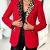 Women’s Red & Black Leopard Print Blazer Jacket – Elegant Collar & Cuff Details, Tailored Loose-Fit Single-Breasted Coat for Professional & Casual Wear, Springu002FAutumn Outerwear (No Beltu002FHardware)