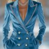 Women’s Elegant Blazer, Long Sleeve Double-Breasted Regular Fit, Professional & Casual Wear Versatile for Dates Commuting Travel, Solid Color With Silvery Trim, All-Season, Commuting Attire | Elegant Blazer | Fabric
