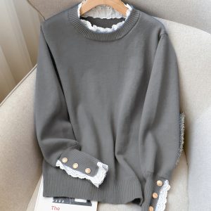 Women's Elegant Casual Pullover Sweater - Soft Warm Long Sleeve Round Neck Top with Pleated Hem, Medium Stretch & Anti-Pilling, Solid Color for Springu002FFall, Versatile for Casual or Formal Wear, Everyday Comfort, Ruffled Sleeve Cuffs, Soft Texture