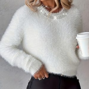 Women's Elegant Rhinestone-Adorned Plush Sweater - Winter Warm Round Neck Long Sleeve Cozy Sweater with Sparkling Crystal Design, Soft Casual to Formal Outfits for Fall & Winter (Whiteu002FBlacku002Fu002FBeige) - Hand Washable Luxury Sweater for Women