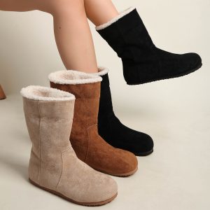 Women's Winter-Ready Fleece-Lined Ankle Boots, Round-Toe Low-Heel Slip-Resistant EVA Cushioned Insole, Soft Fabric Upper & Plush Lining, Wide Widths Available, Beigeu002FBrownu002FBlacku002FBlack with Brown Trim, Casual & Formal Everyday Boots, Minimalist Round-Toe Design, Fleece Lining for Warmth, Versatile for Jeansu002FSkirtsu002FDresses, Comfortable & Durable EVA Sole, Shiny Black Winter Boots With Beige Plush Lining, Brown Boots For Women Elegant Classy