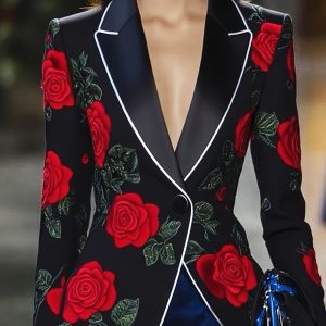 Women'S Elegant Rose Floral Blazer - Long Sleeve, Button-Up, Regular Fit, Springu002FFall Casual Jacket with Black & Red Roses Design, Casual Outerwear | Floral Blazer | Blazer