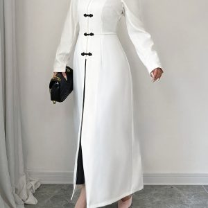1pc Elegant Women'S Stand Collar Long Sleeve Tunic Coat with Contrast Button Details - Polyester Single-Breasted Solid Color Long Outerwear for All Seasons