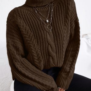 Women's High-Neck Cable- Sweater - Soft Stretchy Long Sleeve Winter Sweater in Rich Brown, Machine Washable Cozy Knitwear for Fall & Winter, Casual to Semi-Formal Outfits