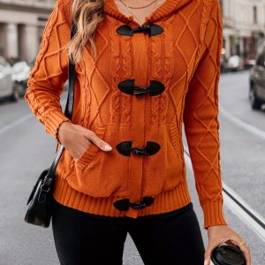 Solid Color V-Neck Open Front Hooded Long Sleeve Cardigan Top, Casual Outfit, Vacation Wear, Vneck Design, Relaxed Fit, Soft Texture, Knit Sweater, Cozy Outerwear, Buttonup Top, Women'S Fashion, Stylish Layering