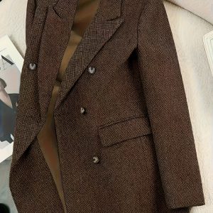 Women's Casual Blazer Jacket, Brown Tweed-like Single-Breasted Lapel Collar Structured Loose-Fit Tailored Coat, Machine Washable, for Professional & Semi-Formal Wear, Springu002FFall Outerwear, Office & Business Attire, No Belt