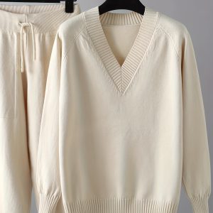Two-Piece Set, Casual Solid Color V-Neck Sweater with Long Sleeves and Pants, No Belt, Regular Sleeve Length, Long Pants