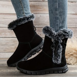1pr Winter Women'S Solid Color Ankle Booties - Lace-Up Fabric Upper, Low Platform Heel, Faux Sole, Warm Fleece-Lined Dress Boots with Anti-Skid Short Design