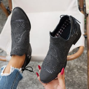 Women'S Western Ankle Boots with Lace-Up Closure - Chunky Mid-Heel (1.77in), Round Toe, All-Season Outdoor Boots in Black - Synthetic Cover-like material for Western, Casual, Everyday & Formal Events - iH2 Women'S Booties, Cowgirl Boots, Versatile Footwear, Breathable Design, Durable Tpr Sole