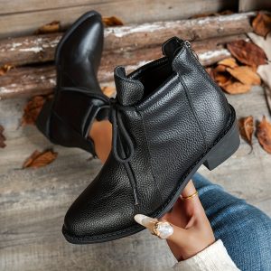 Women'S Retro Pointed Toe Ankle Boots with Back Zipper - Chunky Mid-Heel, Lace-Up Design, Black Synthetic Cover, Casual & Versatile Style for All Seasons, Allseason Footwear, Durable Rubber Sole