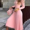 Elegant Midi Dress Long Sleeveless Pleated Midi Dress for Women | Ribbed, Solid Color, High-Low Hemline, Perfect for Fallu002FWinter – Available in Pink or Any Color, Autumn Clothing