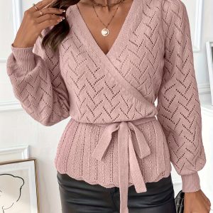 ELEGANTSUT Women's Clothing, Sexy Elegant V-Neck Sweater Cardigan, Long Sleeve Open Front with Waist Tie, Soft Pastel Pink, Feminine Design, Quality Stitching, Stylish Top, Chic Office to Party Outfit, Spring Fashion, Knitwear For Women, Cardigan For Women, Jacket For Women