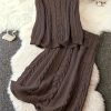 2024 Autumn And Winter New Women’S Twisted Rope Solid Color Casual Versatile Loose Cable Knit Round Neck Long Sleeve Top + Solid Color Cable Knit A-Line Skirt Two-Piece Set