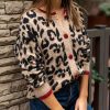 Women’s Elegant Leopard Print Sweater, Winter Warm Brown & Black Animal Print Coat Jacket with Red Piping, Round Neck Long Sleeve Blazer, Medium Stretch Fall Winter Outerwear, Relaxed Fit with Button Front Closure, Hand Wash or Dry Clean, for Casual to Formal Events and Chic Layered Outfits, Stylish Leopard Print Design for Autumn and Winter