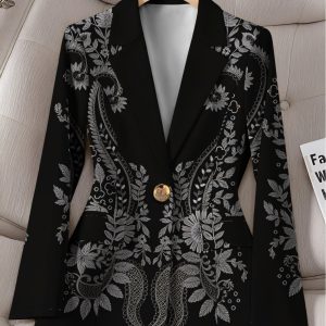 Women's Elegant Floral Print Blazer, Long Sleeve Button-Up Jacket with X-Line Silhouette & Geometric Pattern, Fallu002FWinter Outerwear for Office, Parties, Casual Events, Women's Fashion Coat