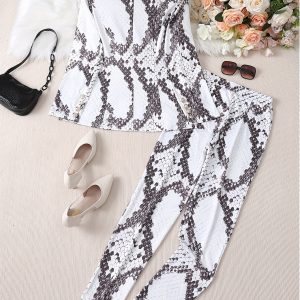 Women'S Stylish Snake Print Blazer and Pants Set - Casual Polyester Suit with Button-Up Front, Lapel Collar, and Waist Belt - Perfect for Spring and Fall, Casual Attire|Sophisticated Style|Polyester Fabric