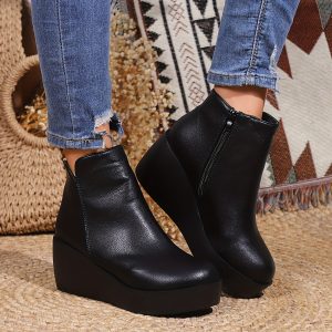 Women's Winter Platform Ankle Boots with Thick Sole & Round Toe - Glossy Black Faux Cover Zipper Closure, Cushioned Rubber Outsole - Comfortable Low-Maintenance Boots for Jeans, Dresses,, Travel (Casual & Professional) - Easy-Clean