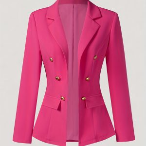 Women'S Vibrant Pink Double-Breasted Blazer - Stylish Long Sleeve, Button-Up Jacket for Fallu002FWinter, Versatile Office & Casual Wear, Regular Fit, Double-Breasted Design, Office Wear Jacket | Vibrant Blazer | Blazer