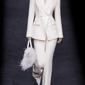 Women'S Vintage-Inspired White Double-Breasted Suit Set - Structured Notched Lapel Jacket & Slightly Flared Trousers with Pocket Detail, Sharp-Cut Tailored Two-Piece Outfit for Office, Commuting & Casual Attire | Fallu002FWinter Professional & Casual At